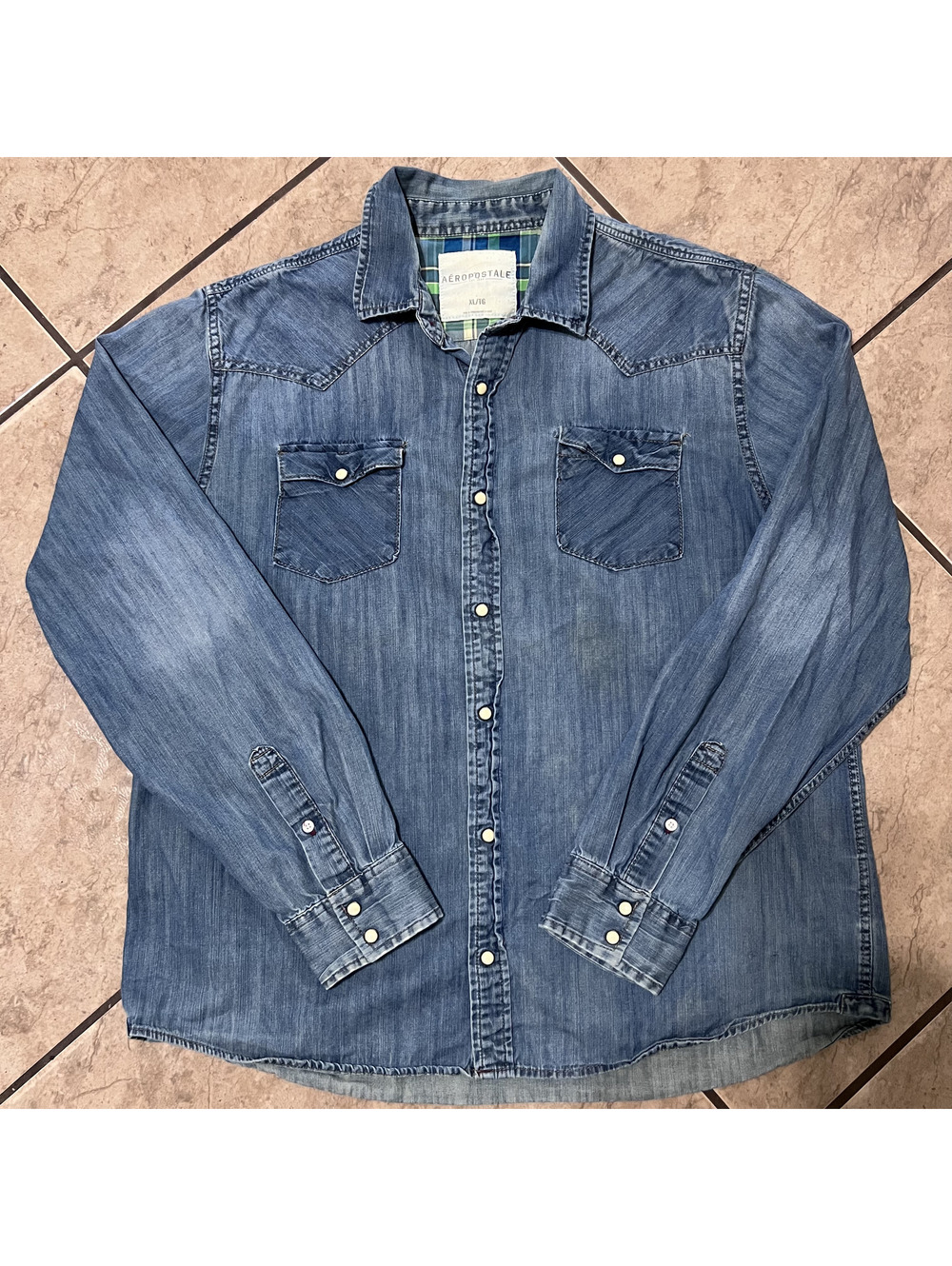 Aeropostale Pearl Snap Denim Long Sleeve Button Down Western Preppy Size XL y2k